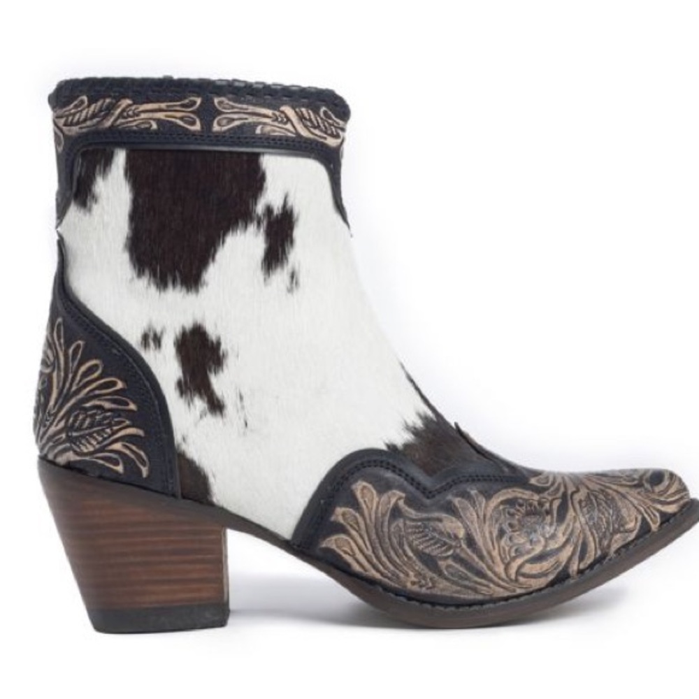 Hand Tooled Leather Cowhide Women Bootie Boot Boho Western Shoe Glennchester - Picture 2 of 15
